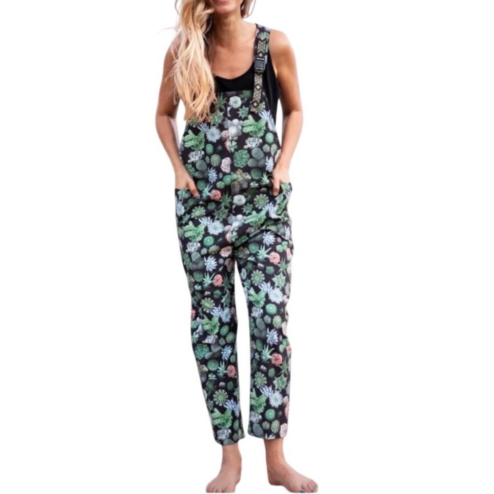 KAVU San Blas Jumpsuit Womens XL Succulent Cactus Print Overalls Adjustable
